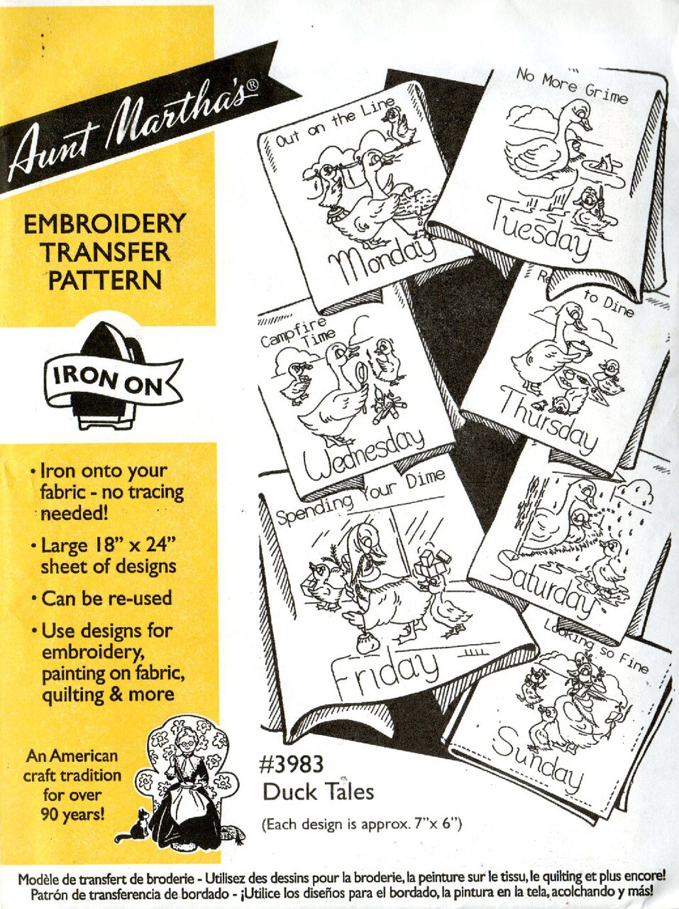 Aunt Martha's Duck Tales 3983 days of the week embroidery iron on pattern